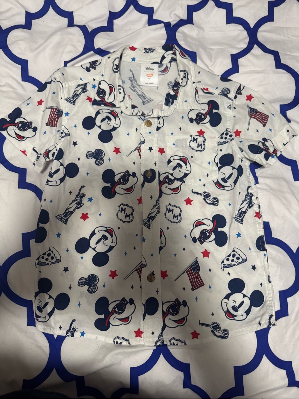 Disney White Button-Front Mickey Print Shirt with Red & Blue Accents